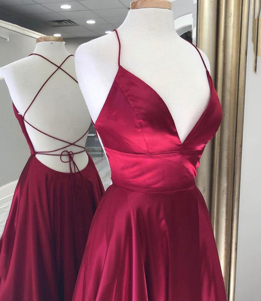 BURGUNDY SATIN LONG A LINE PROM DRESS EVENING DRESS       cg23453