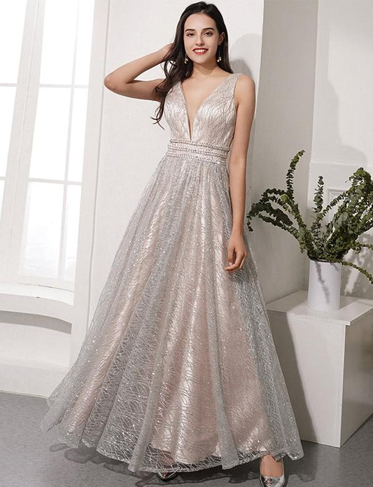 Gorgeous Gray Prom Dresses Deep V Neck Evening Dresses With Beading cg2347