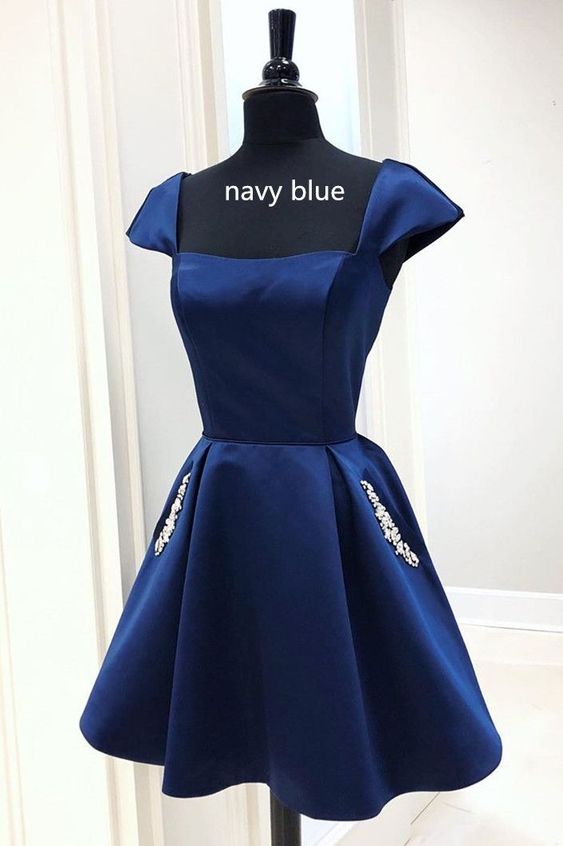 Navy Blue Satin Short A-line Homecoming Dress with Cap Sleeves and Beaded Pockets       cg23512