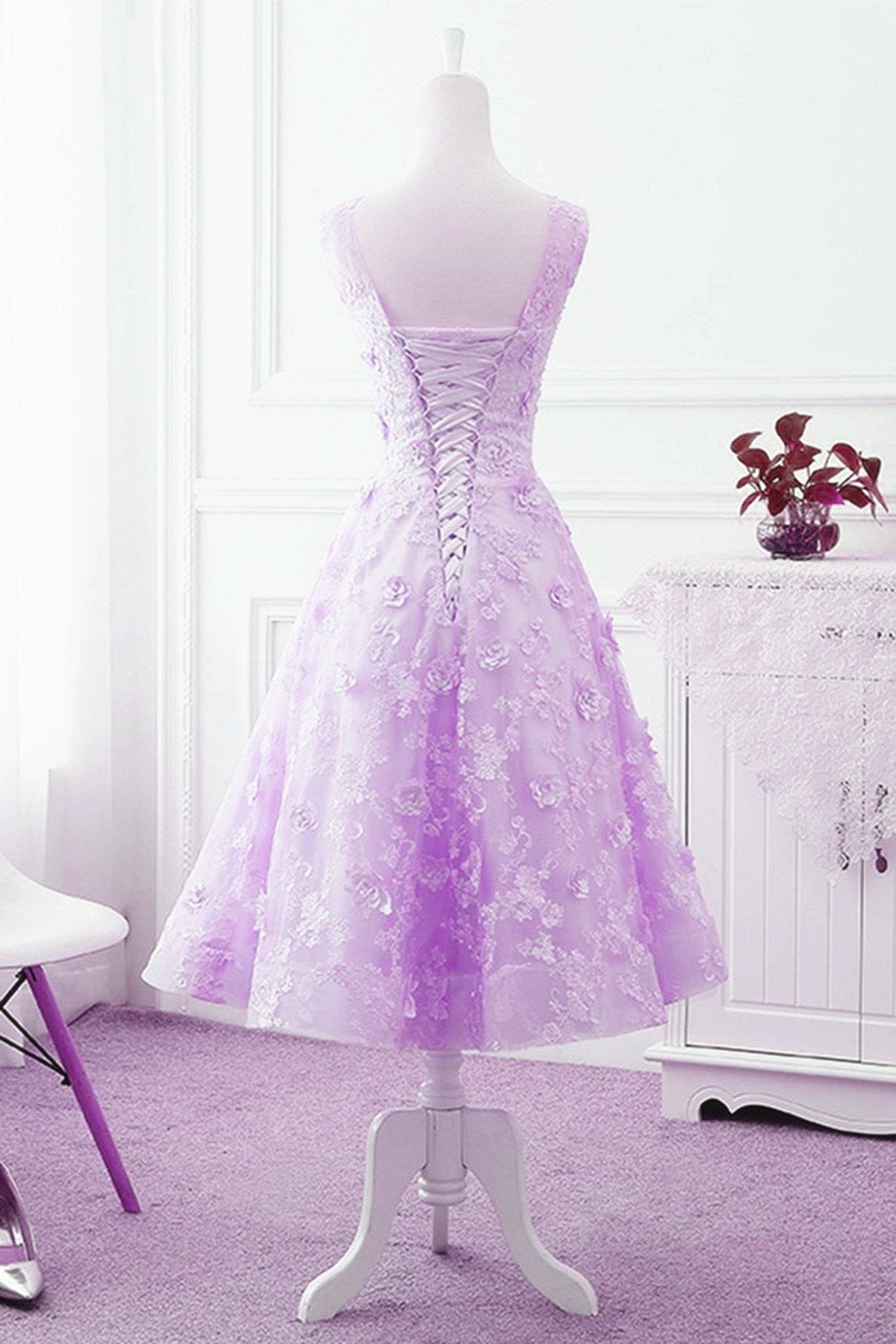 Lavender Lace Tea Length Wedding Party Dress, Vintage Style Homecoming Dress      cg23747