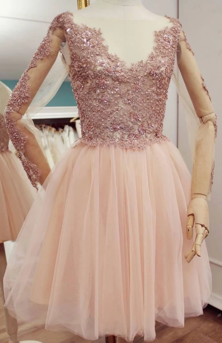 PINK TULLE LACE SHORT HOMECOMING DRESS, PINK BRIDESMAID DRESS cg2389