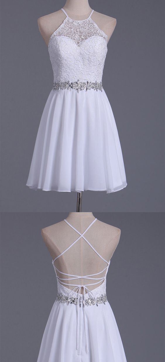 2019 White Halter Homecoming Dresses A Line Chiffon & Lace Short/Mini dress cg243