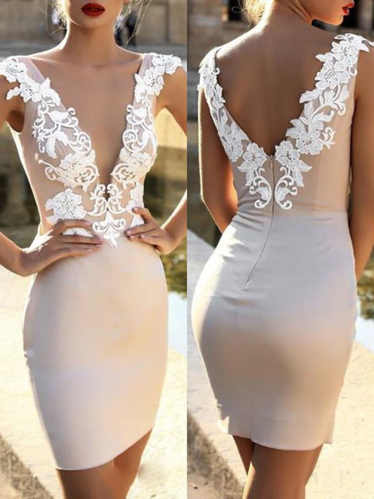White Patchwork Lace Zipper Backless Bodycon Deep V-neck Elegant Mini Dress Homecoming Dress       cg24588
