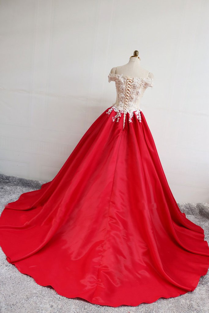 RED SATIN LACE LONG PROM DRESS, RED EVENING DRESS cg2489