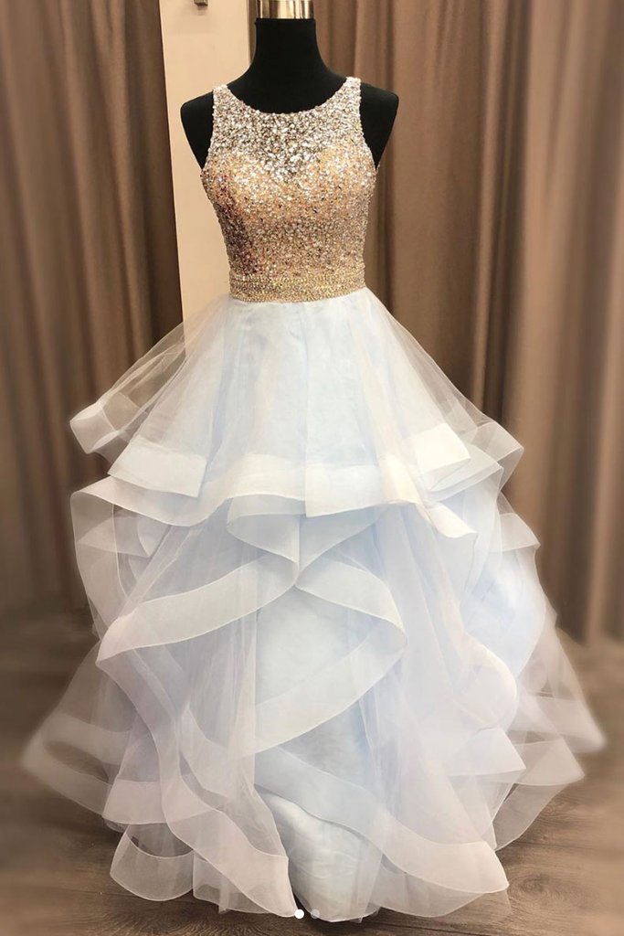 LIGHT BLUE SEQUIN TULLE LONG PROM DRESS, TULLE FORMAL DRESS cg2494