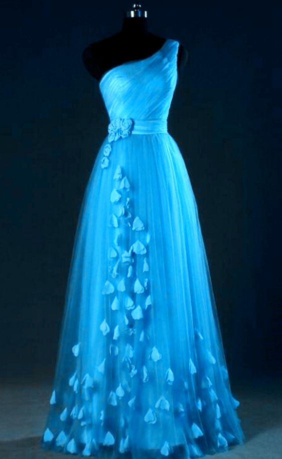 Blue One Shoulder Tulle Party Dress with Floral Detail, Elegant prom Dress, Wedding Party Dresses cg2524