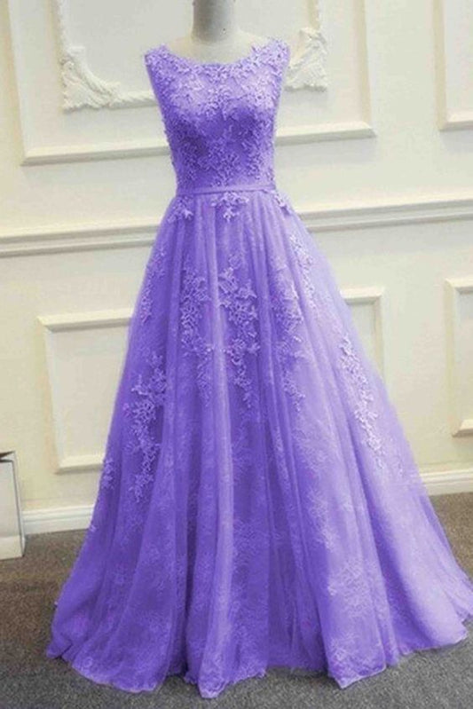 Purple tulle lace applique round neck A-line long evening prom dresses cg2525