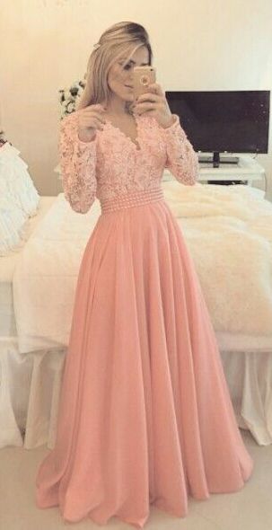 Custom Made Pink Chiffon Prom Dress,Long Sleeves Evening Dress,Pearl Beaded Party Dress,Graduation Dress,Sweetheart dress cg2528