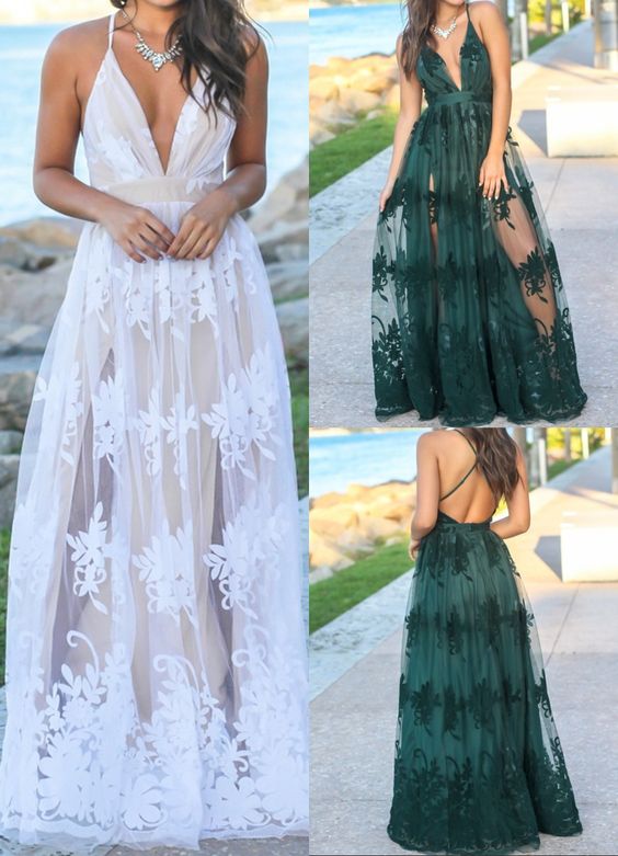 White Prom Dress, Dark Green Prom Dress, Long Prom Dresses cg2548