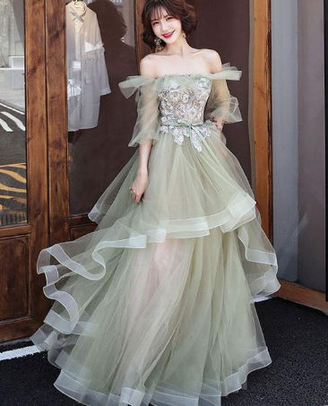 Green tulle lace long prom dress, green tulle evening dress cg2557