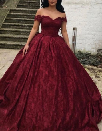 Charming Burgundy Lace Ball Gown Off Shoulder prom dress Wedding Dresses cg2623