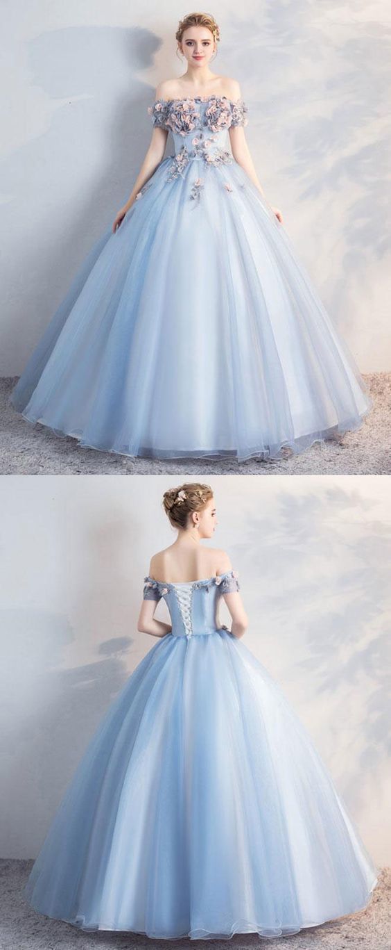 Blue tulle off shoulder long prom dress, sweet 16 dress cg2669