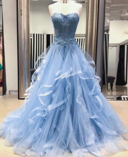 Chic Prom Dresses Sweetheart Sky Blue Ruffles Aline Lace Prom Dress  cg2673