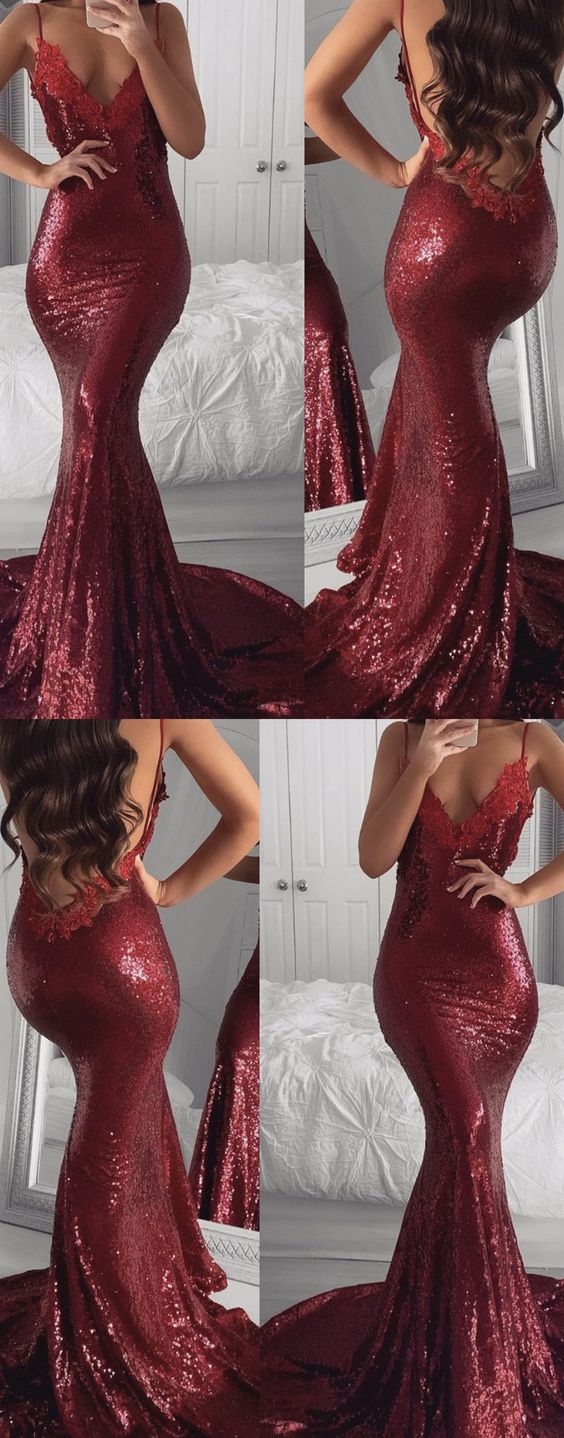 Burgundy Sequin Mermaid Prom Dresses Appliques V Neck Open Back cg2682