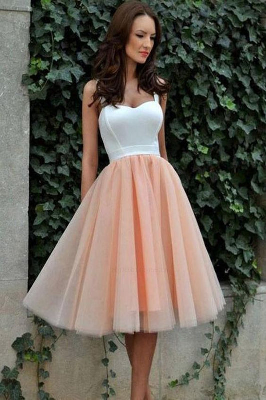 Cute A Line Sweetheart White and Peach Tulle Short Homecoming Dresses cg279