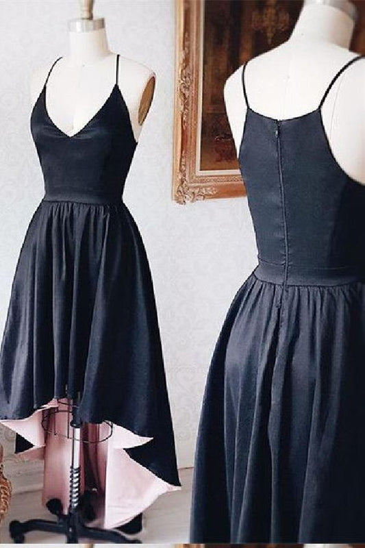 Great Black New Black Satin V Neck High Low A-line Prom Dress, Bridesmaid Dress cg2798