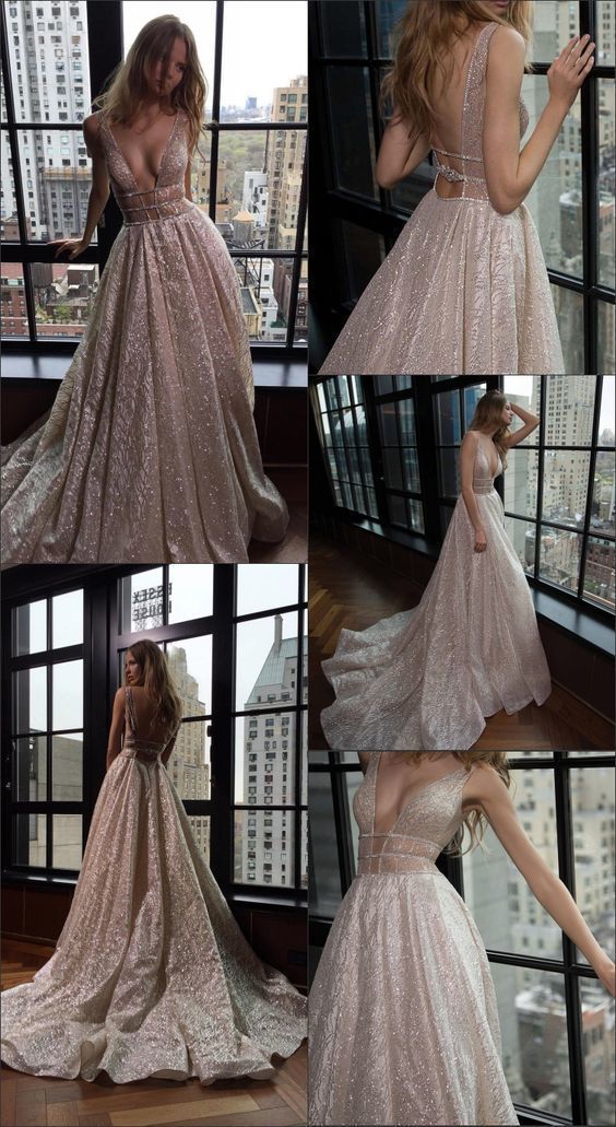 A-Line Deep V-Neck Backless Court Train Champagne Lace Prom Dress cg2803