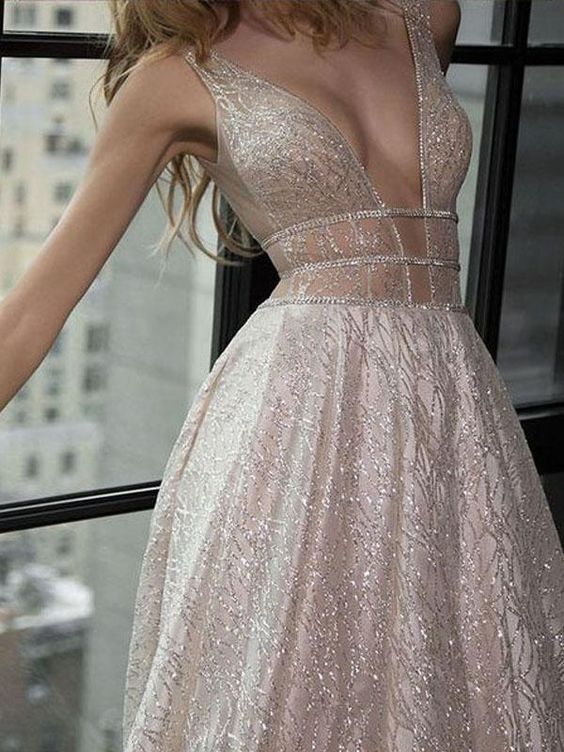A-Line Deep V-Neck Backless Court Train Champagne Lace Prom Dress cg2803