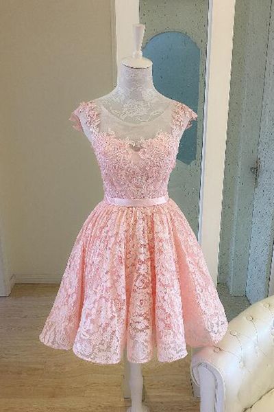 High Low Scoop Open Back Pearl Pink Lace Homecoming dress cg2847