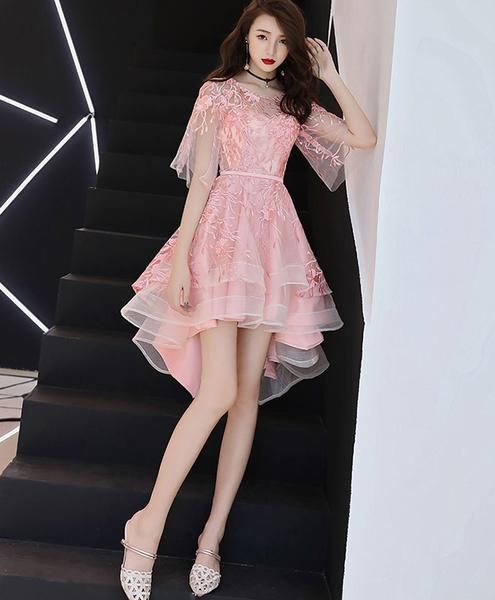 Pink lace tulle high low dress, pink homecoming dress cg2874