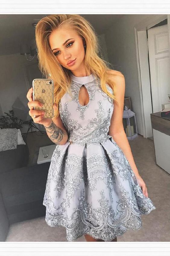 Homecoming Dresses Short Halter Neck Silver Lace Appliqued Homecoming Dresses  cg2878