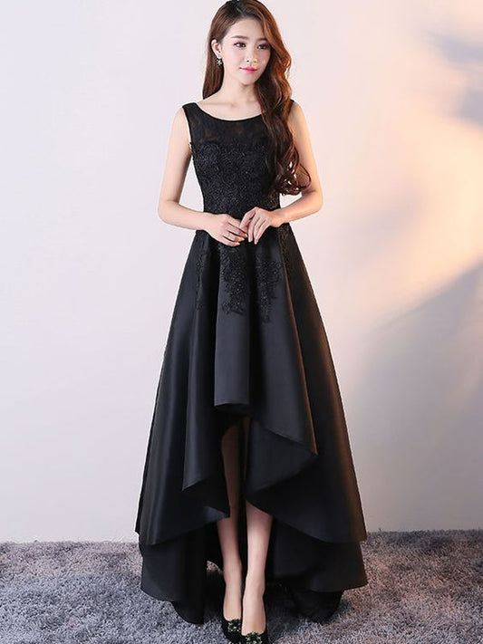 Cute Black Lace Prom Dress Black Round Neck Satin Lace High Low Prom Dress ,lace prom dress cg288