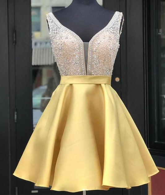 Yellow v neck sequin short homecoming dress, yellow party dress cg292