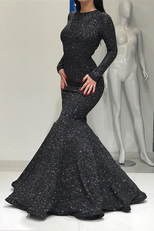 Mermaid Round Neck Long Sleeves Floor-Length Black Sequined Prom Dress  cg2931