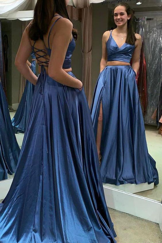 Two Piece Lace Up Long Blue Prom Dress cg2954