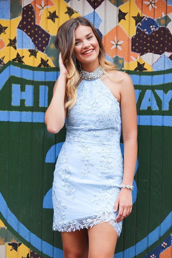 Halter Short Lace Blue Homecoming Dress with Appliques Beading cg2977