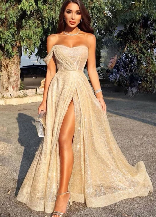 Unique champagne sequins long prom dress, evening dress cg2986