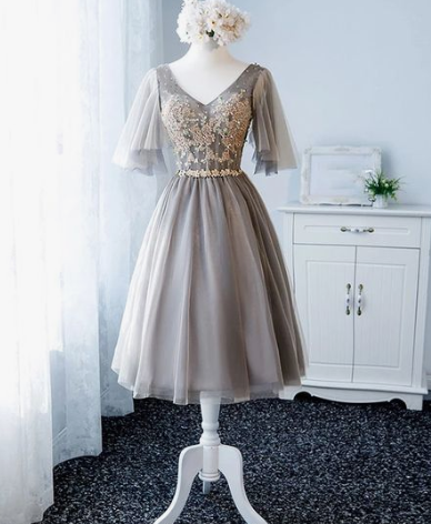 Stylish v neck tulle lace short dress, homecoming dress cg3012