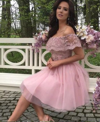 Dusty Pink Tulle Lace Off Shoulder Homecoming Dresses cg3015