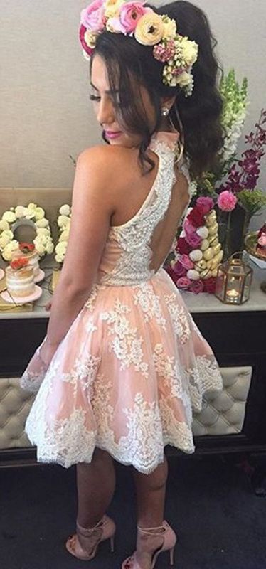 High Neck Light Pink Lace Back O Short homecoming Dresses cg310