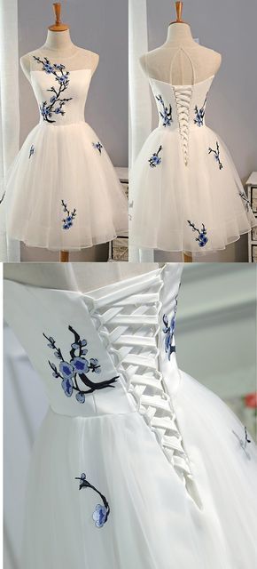 Lace up Tulle Short Homecoming Dress, Elegant White homecoming Dress, Cheap Party Dress  cg313