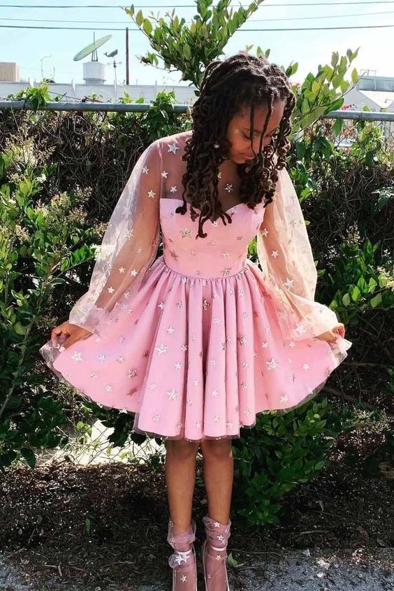 Pink Stars Long Sleeves Tulle Short Homecoming Dresses  cg3141