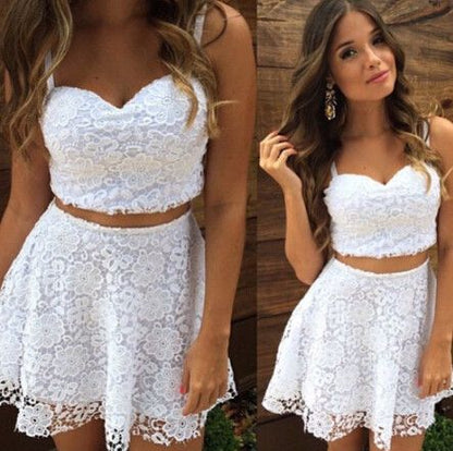 Two Piece Straps Short White Lace Homecoming Cocktail Dress ,cheap homecoming dress cg319