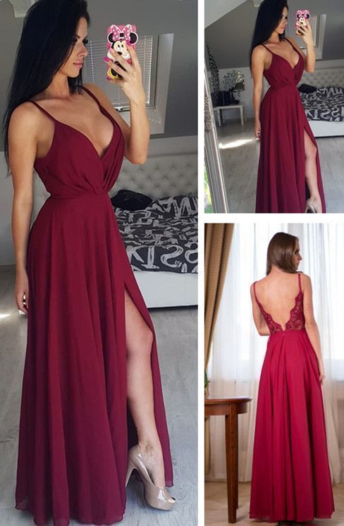 Elegant Spaghetti Straps V Neck Open Back Burgundy Long Chiffon Prom Dress cg3211