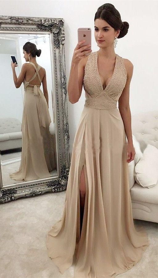 Backless V-neck Long Prom Dress ,Beaded Formal Dresses ,Modest Wedding Party Dress cg3229