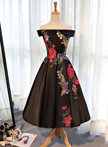 Beautiful Satin Black Tea Length Party homecoming Dress, Floral Black Formal Dress cg3290