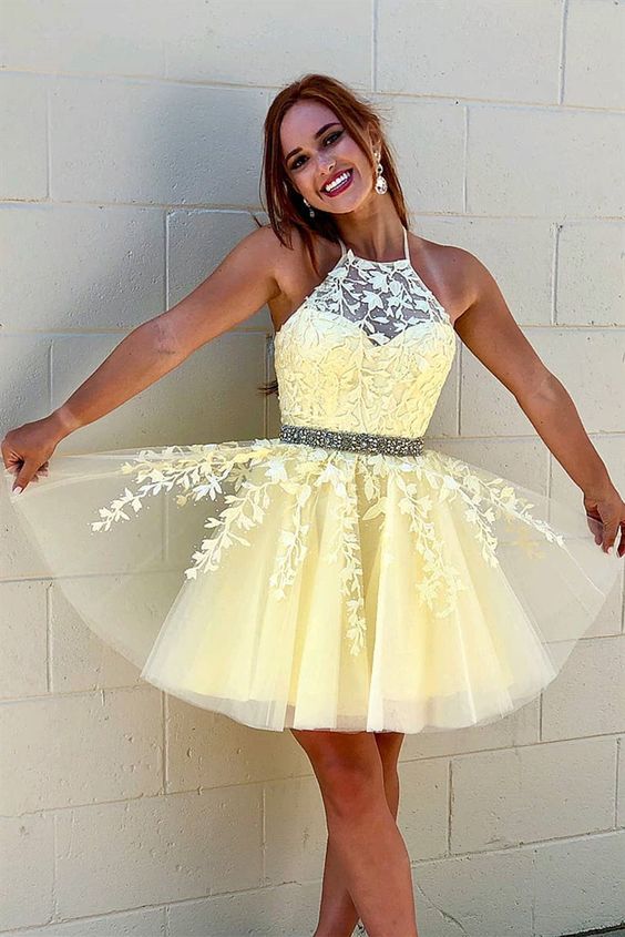 A Line Jewel Lace Up Back Yellow Homecoming Dress With Appliques Beading cg3338