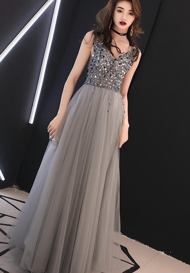 Sparkle Grey Beaded Long Tulle Formal Dress, Long Prom Dress 2020 cg3350