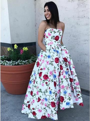 A-Line Strapless High Low White Printed Prom Dress with Pockets cg3407