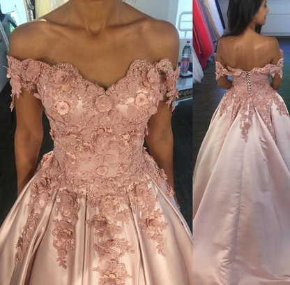 pearl pink satin ball gowns prom dresses with 3D Lace Flowers Beaded and off the shoulder neckline cg3421