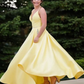 Yellow v neck satin long prom dress, simple evening dress cg3442