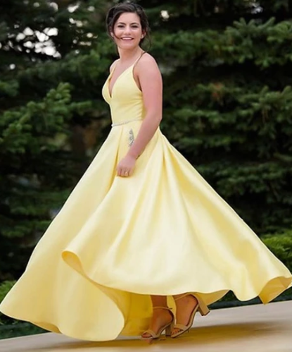 Yellow v neck satin long prom dress, simple evening dress cg3442