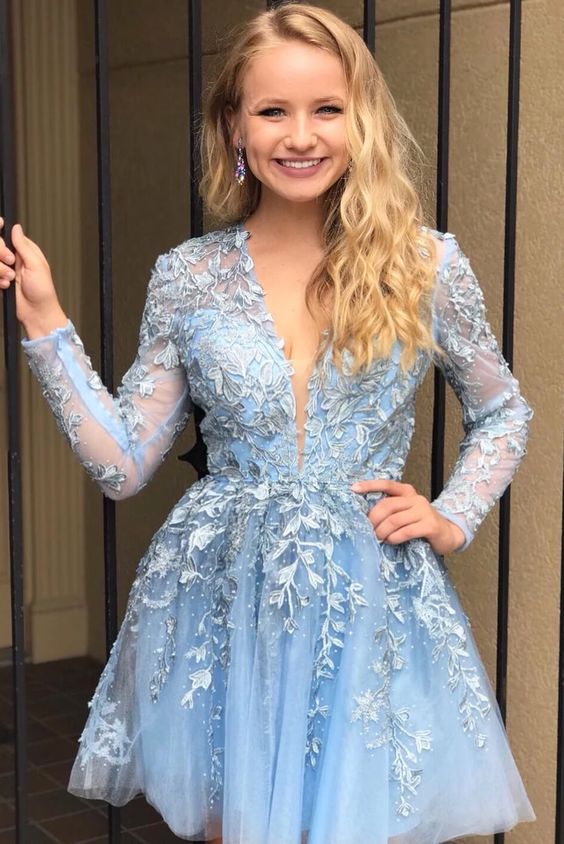 A Line Lace Appliqued Short Blue Homecoming Dress with Long Sleeves  cg3456