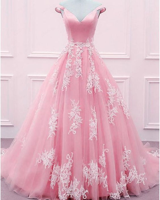 light pink Tulle And Satin Ball Gown Prom Dresses Lace Appliques Off Shoulder cg3484