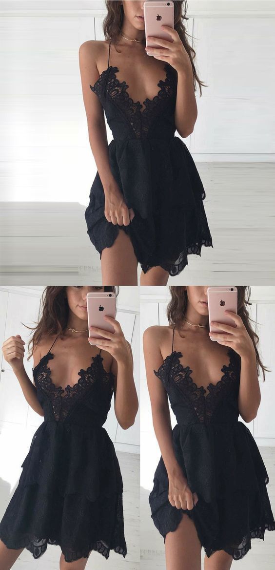 Black Homecoming Dresses Sexy A-Line Deep V-Neck Black Lace Homecoming Dress cg349