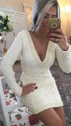 A-Line Lace V-neck Long Sleeves Short/Mini With Pearls Dresses, homecoming dress cg352